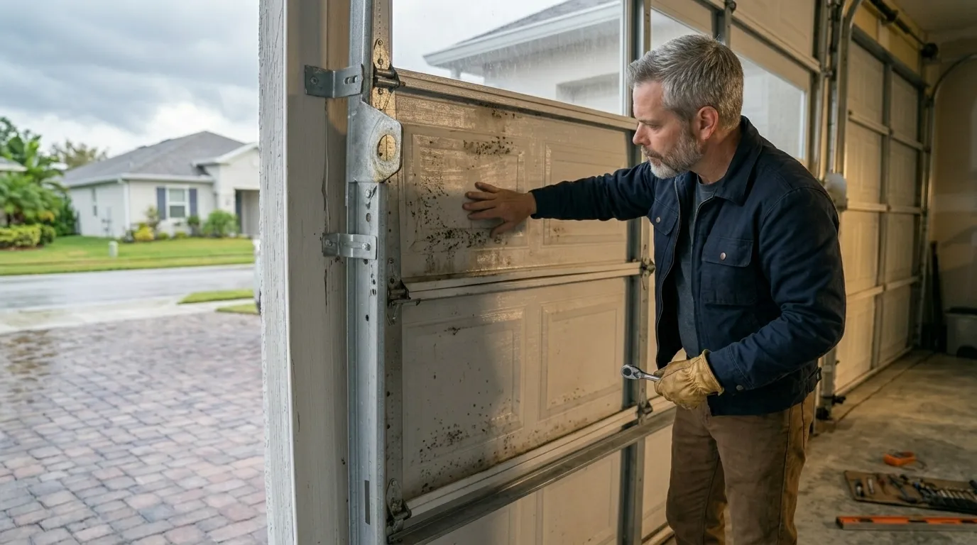 Garage door technician repairing a residential garage door in Delray Beach Florida
