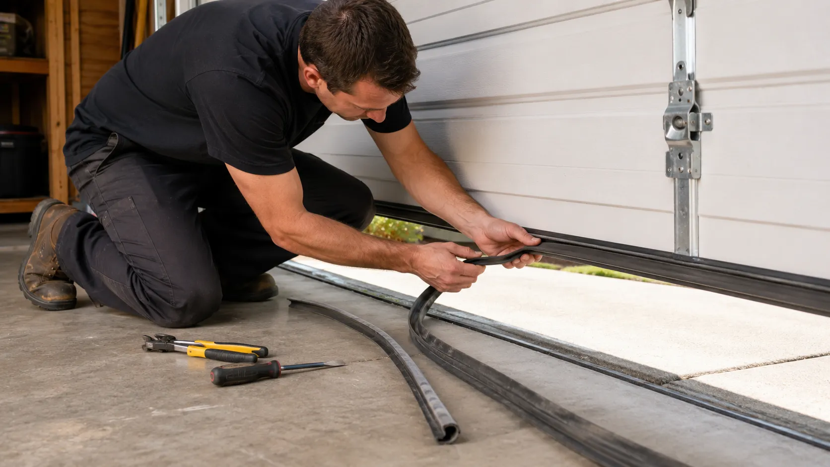 Garage door technician inspecting springs rollers tracks and opener in Delray Beach Florida
